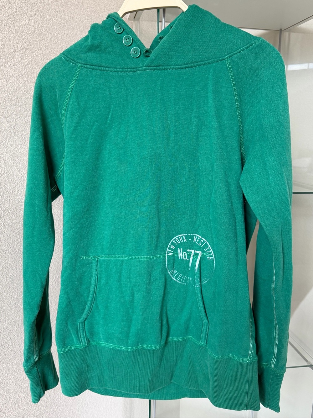 American Eagle Outfitters Teal Green Hooded Crew Sweatshirt with Buttoned Neck